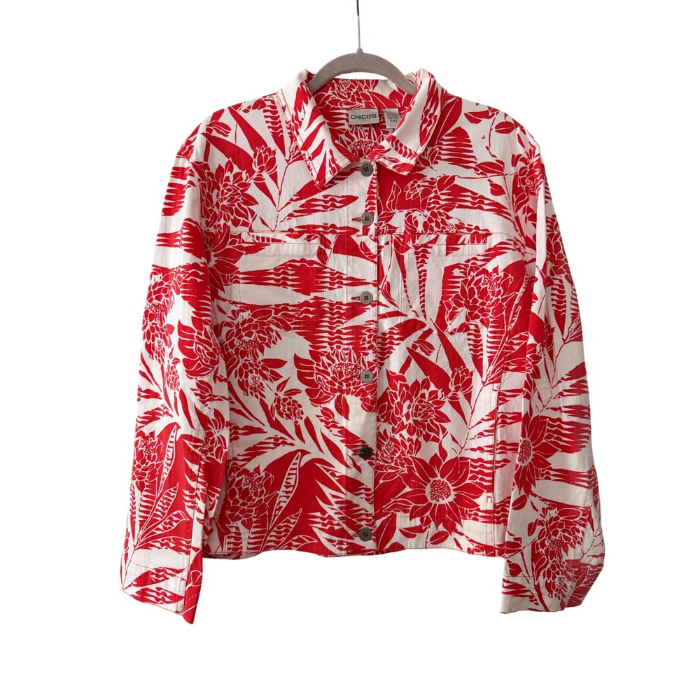 Chico's Women's 2 US 14 Red White Floral Button Up Short Jacket | SKU 1018| SKU